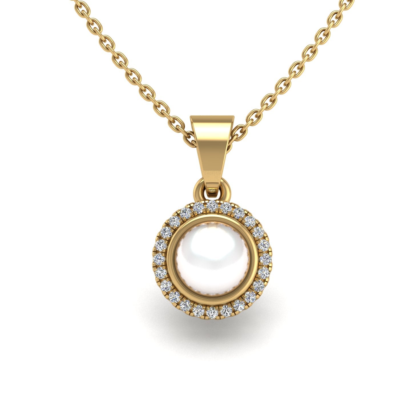 Gold pearl diamond divine halo pendant center view