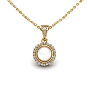 Gold pearl diamond heavenly halo pendant center view