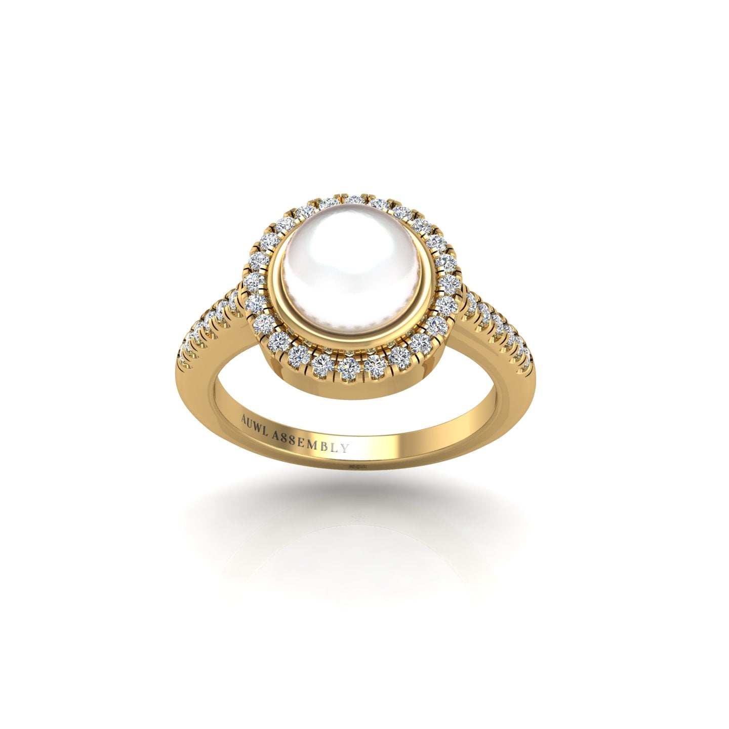 Gold pearl diamond round halo ring front view