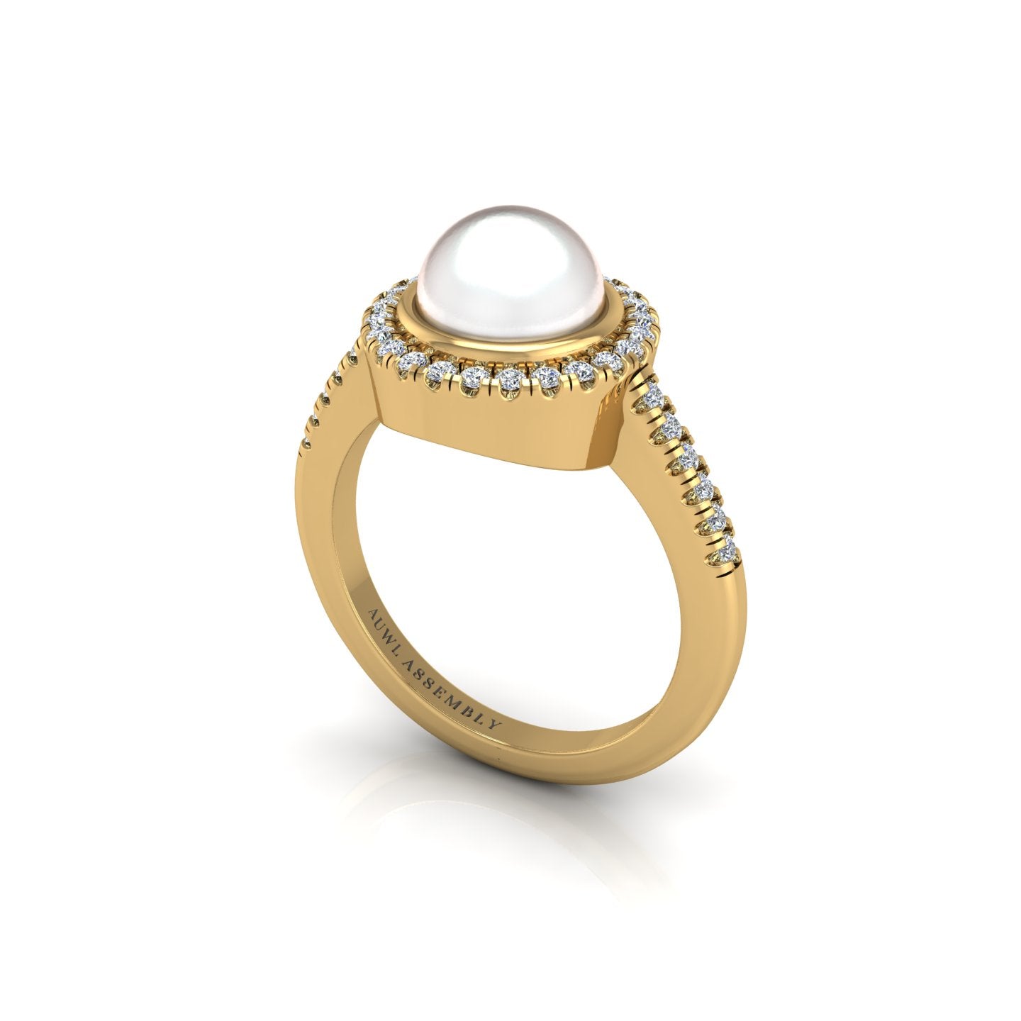 Gold pearl diamond round halo ring