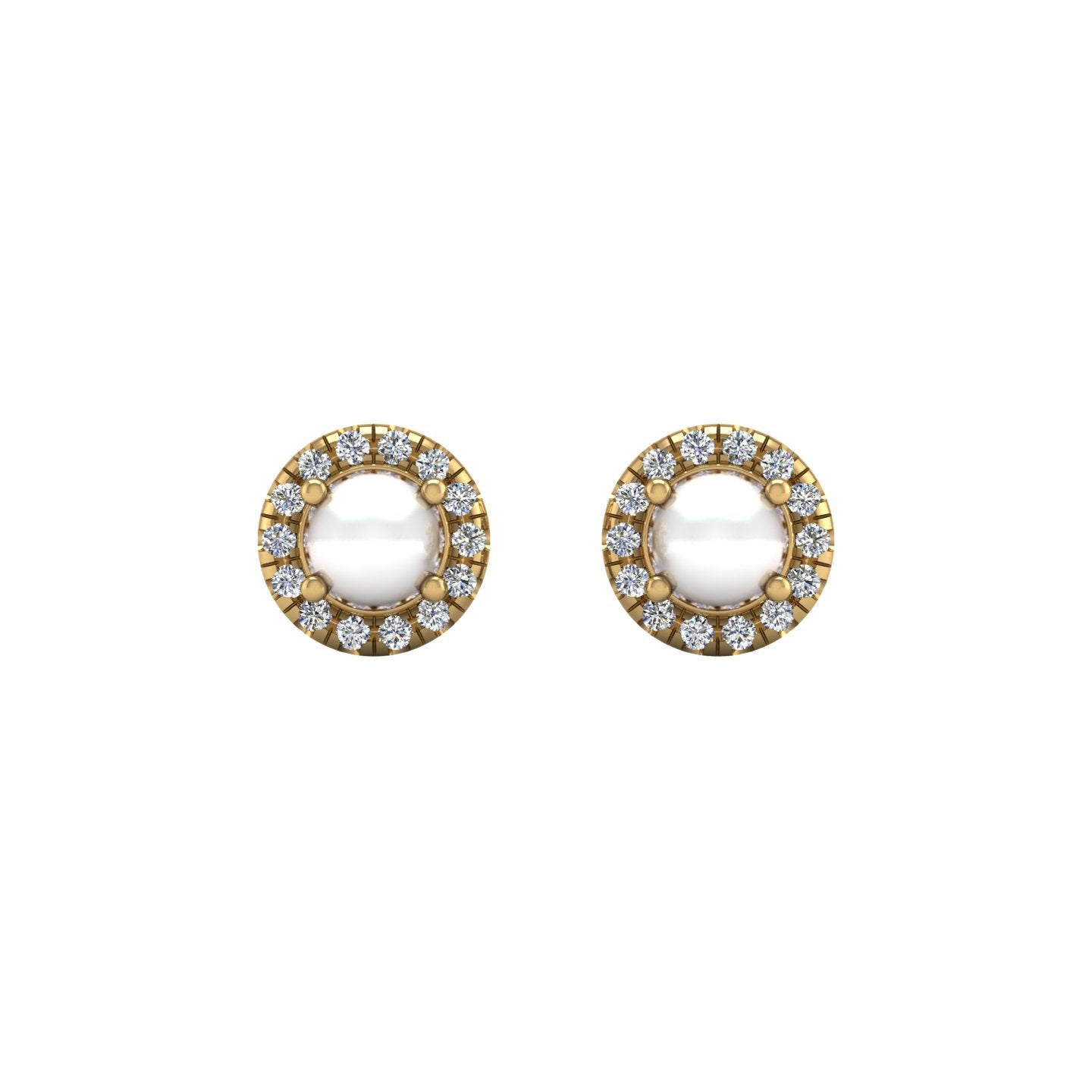 Gold pearl diamond round halo stud earrings front view