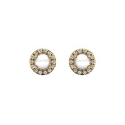 Gold pearl diamond round halo stud earrings front view