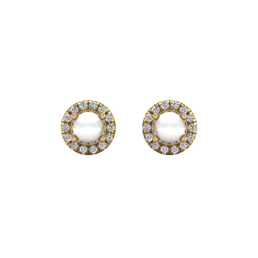Gold pearl diamond round halo stud earrings front view