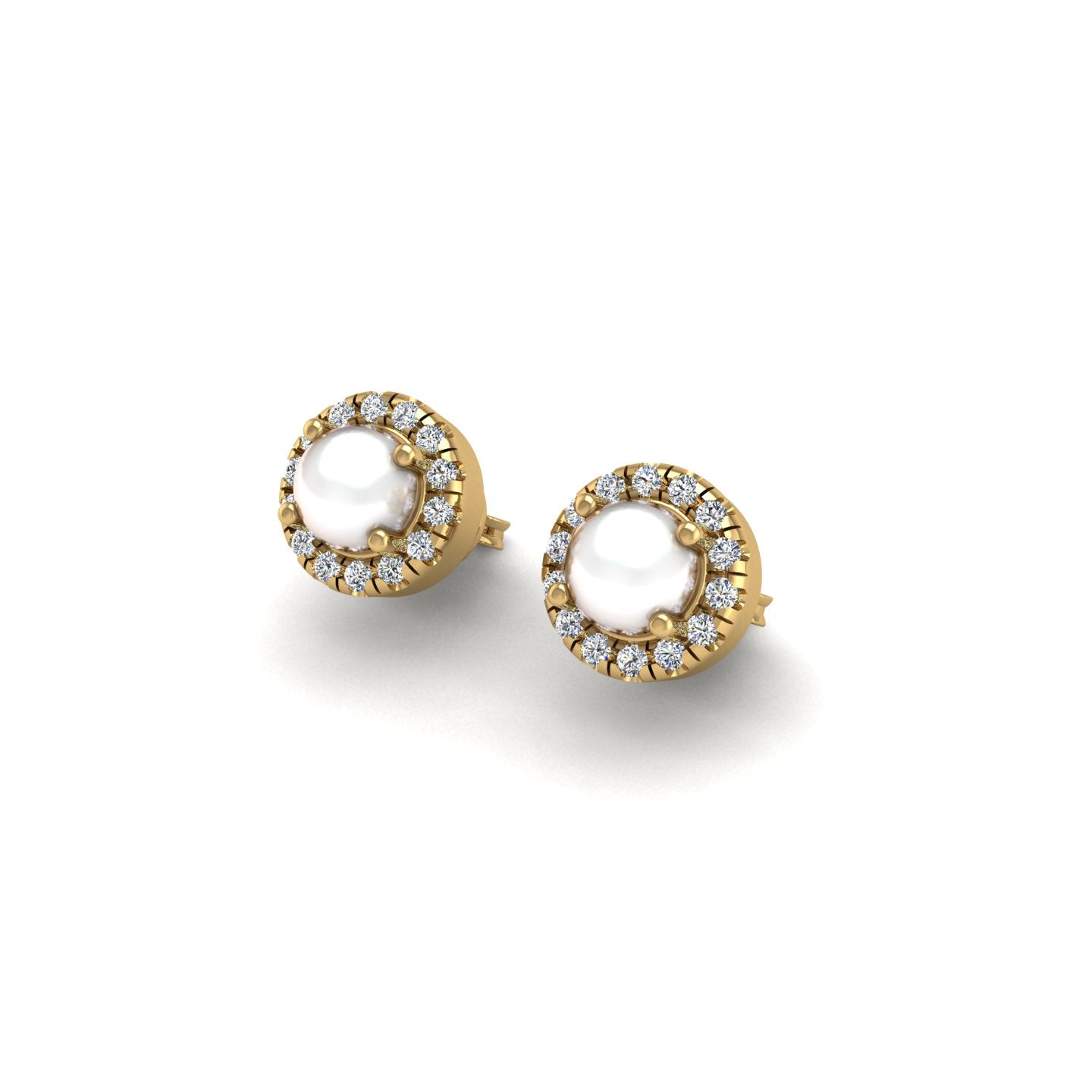 Gold pearl diamond round halo stud earrings