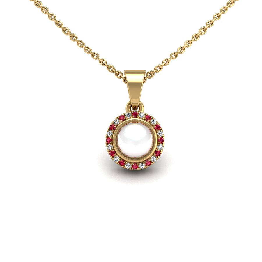 Gold pearl ruby divine halo pendant center view