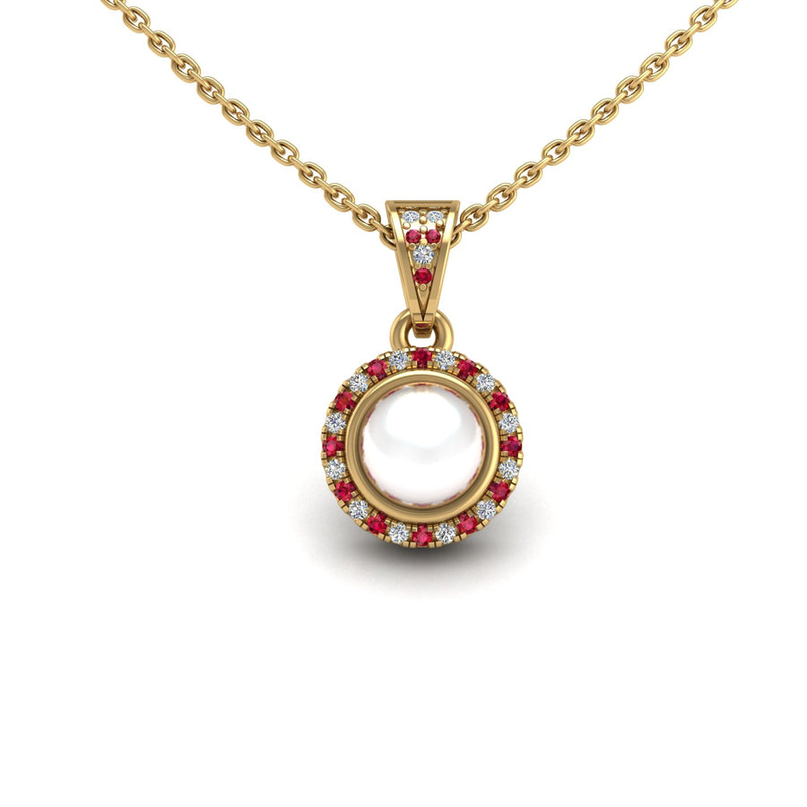 Gold pearl ruby heavenly halo pendant center view