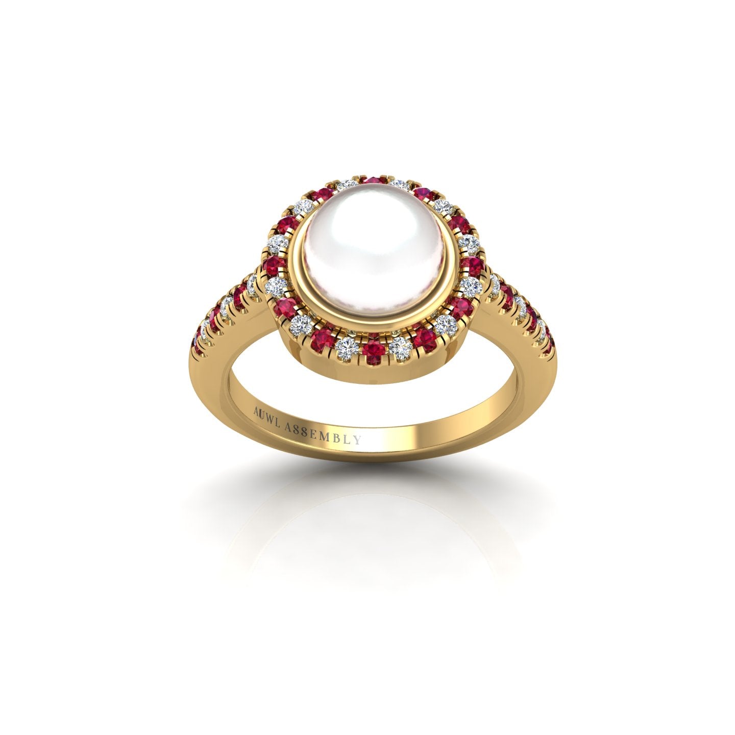 Gold pearl ruby round halo ring front view