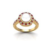 Gold pearl ruby round halo ring front view