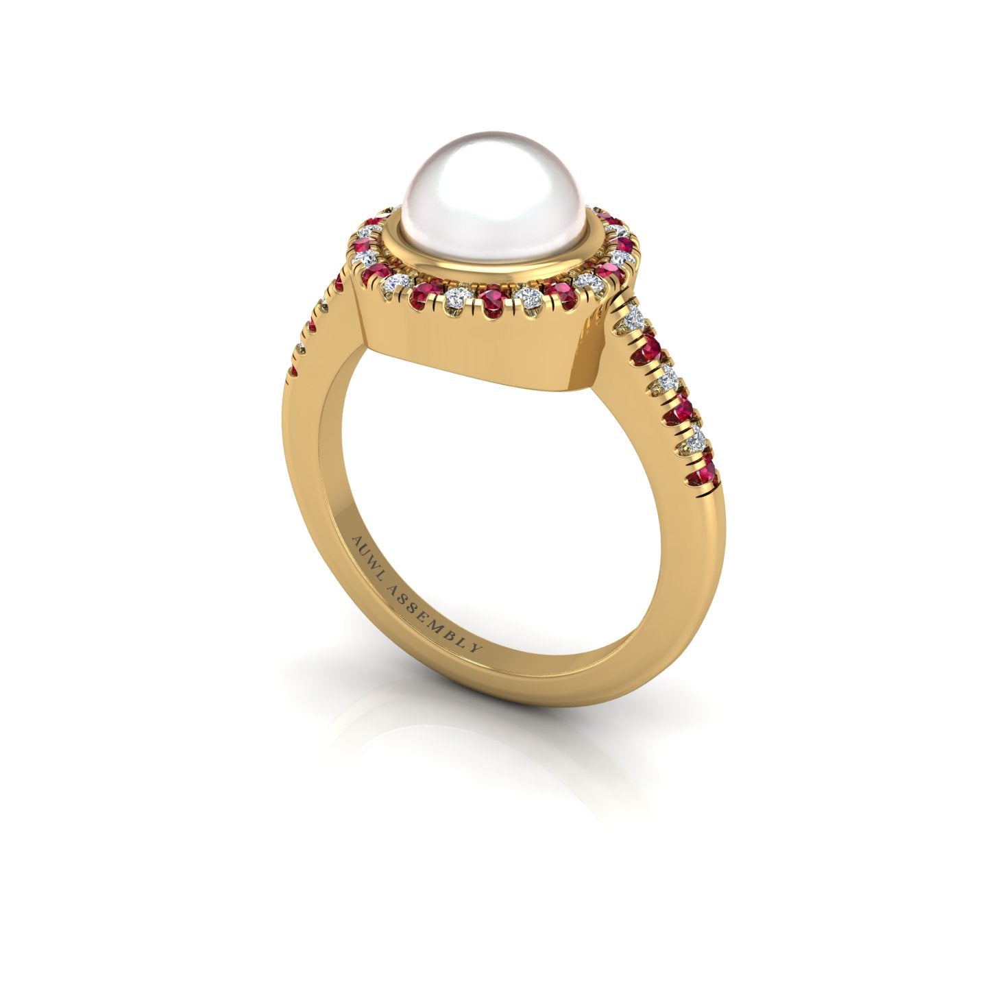 Gold pearl ruby round halo ring