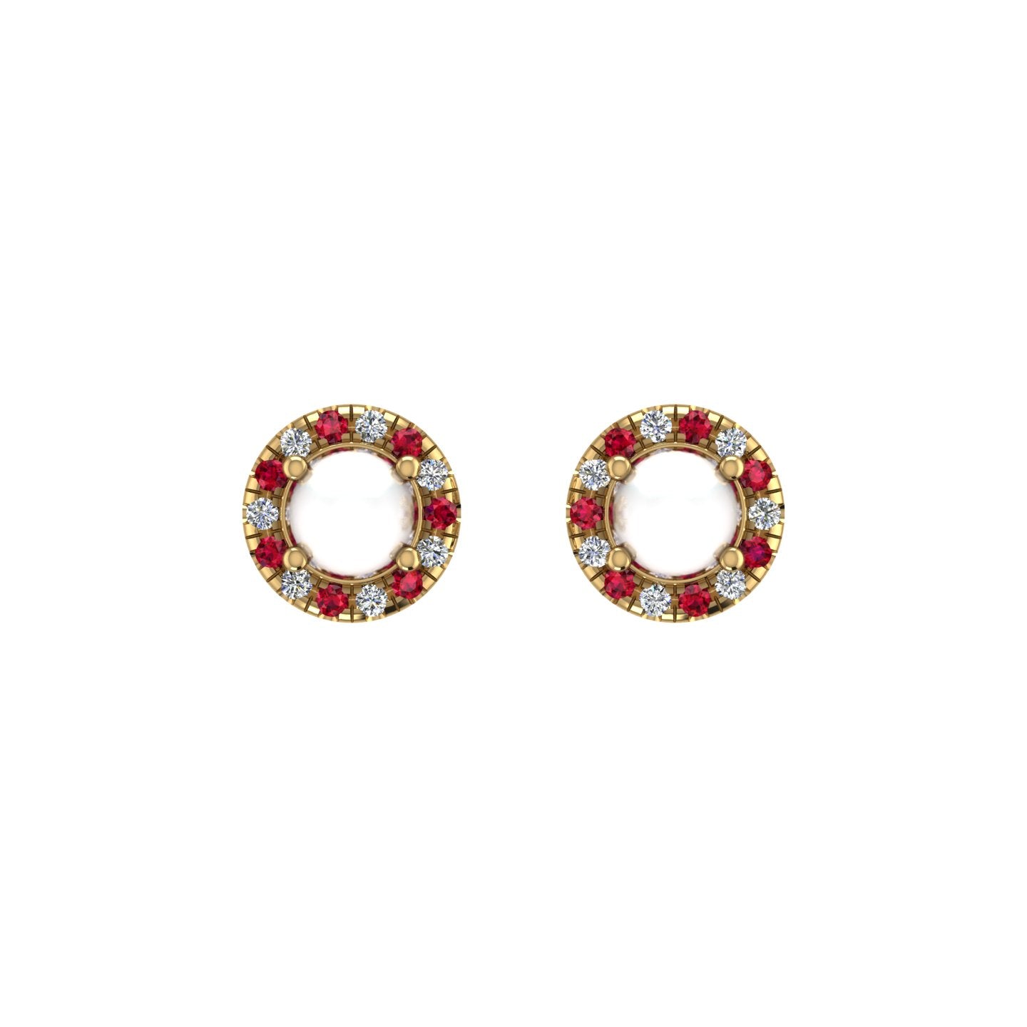 Gold pearl ruby round halo stud earrings front view
