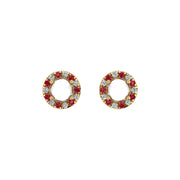 Gold pearl ruby round halo stud earrings front view