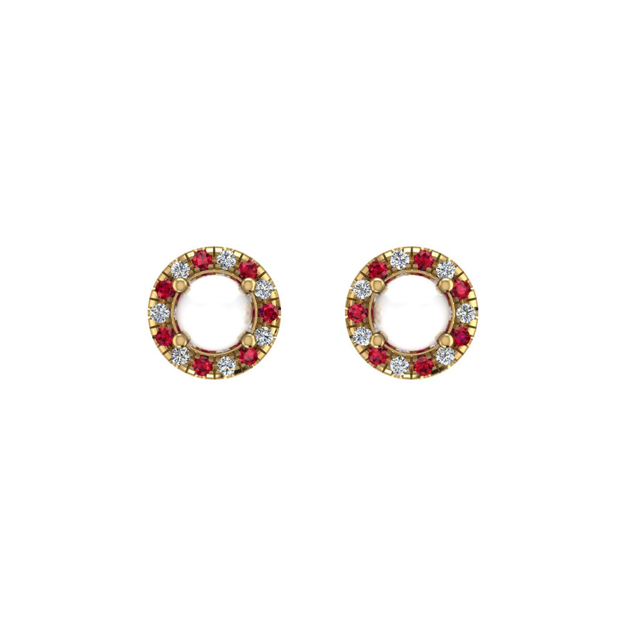 Gold pearl ruby round halo stud earrings front view