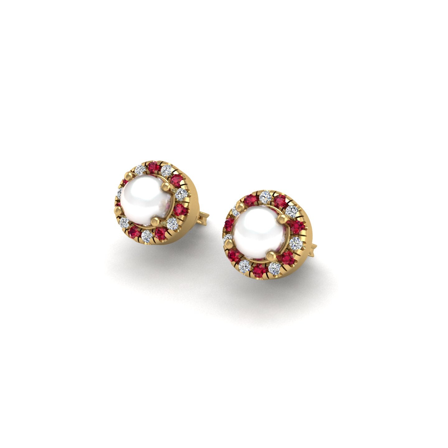 Gold pearl ruby round halo stud earrings