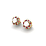Gold pearl ruby round halo stud earrings