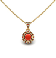 Gold red coral  round heavenly halo pendant center view
