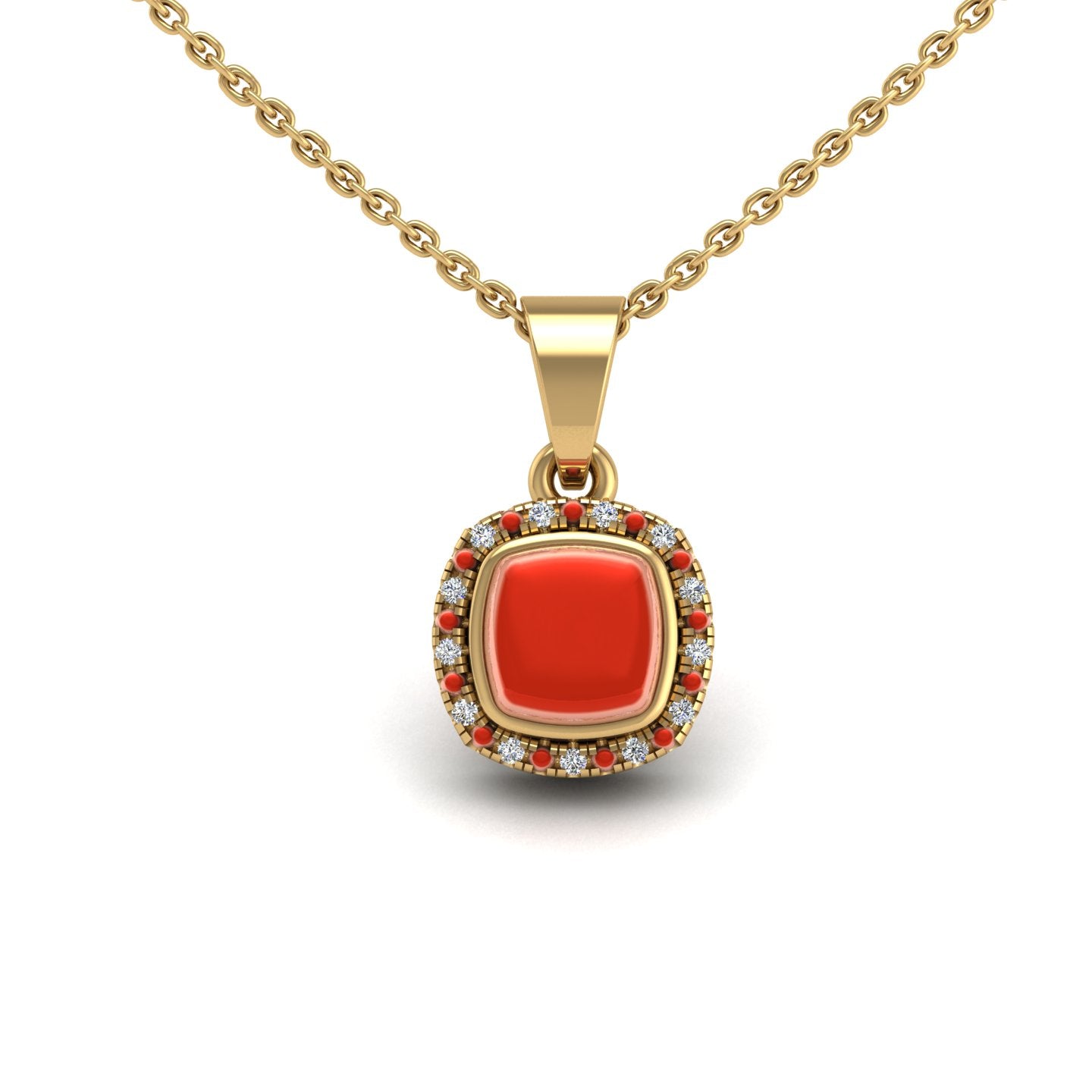 Gold red coral cushion divine halo pendant center view