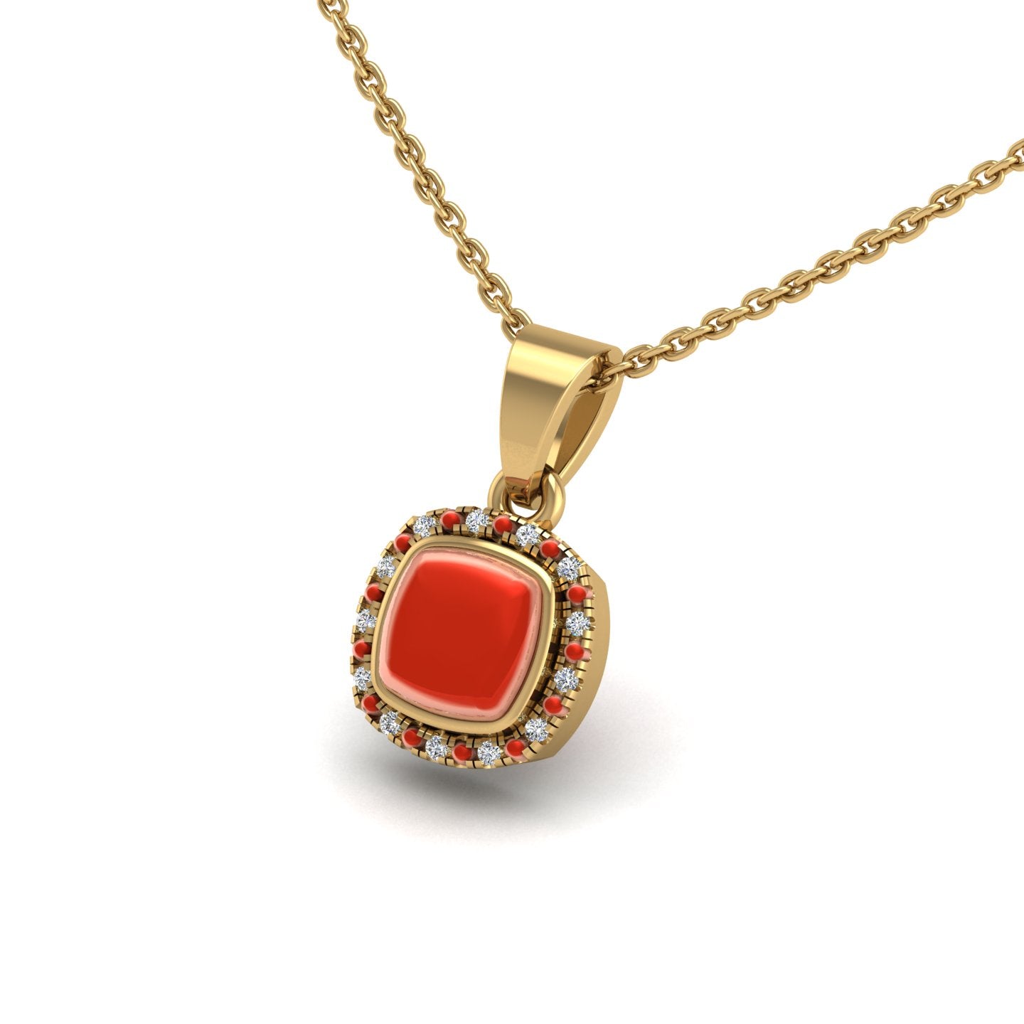 Gold red coral cushion divine halo pendant