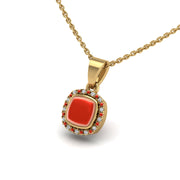 Gold red coral cushion divine halo pendant