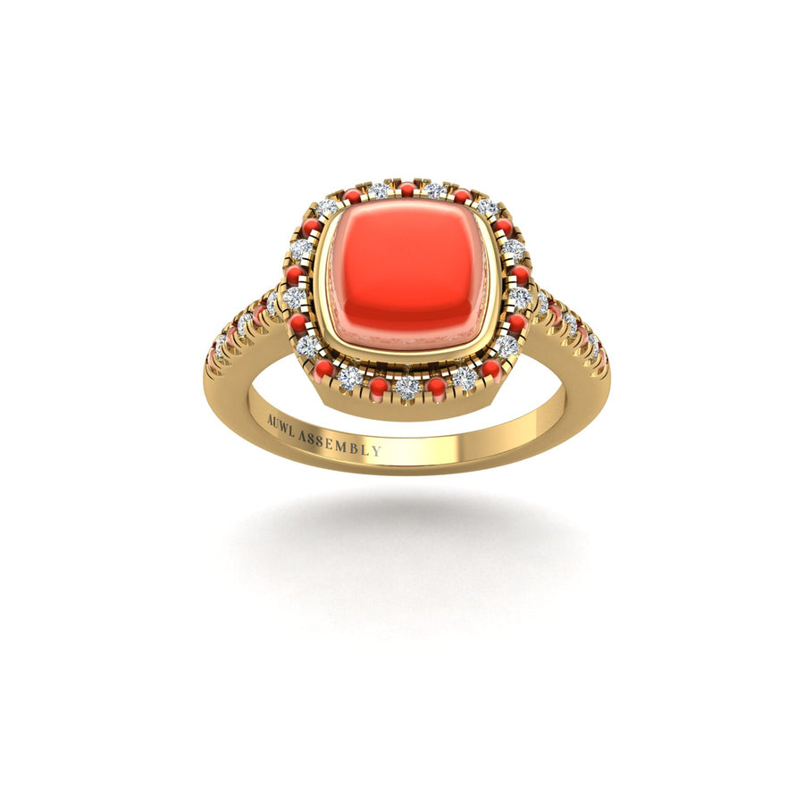 Gold red coral cushion halo ring front view