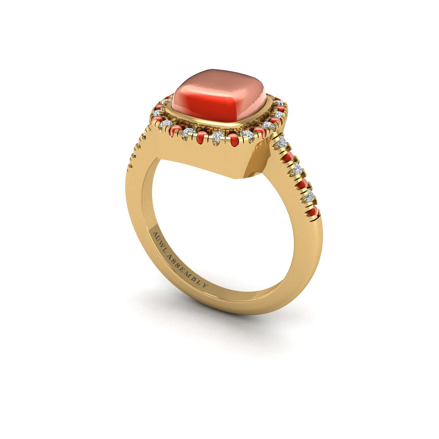 Gold red coral cushion halo ring