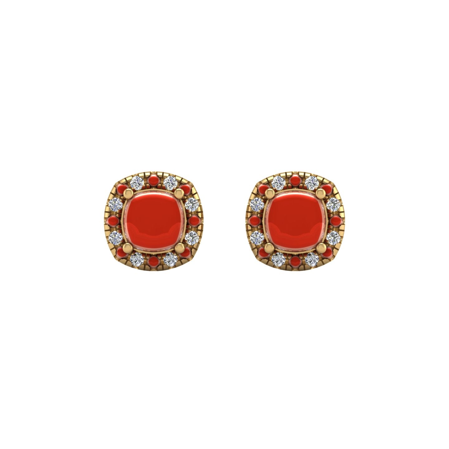 Gold red coral cushion halo stud earrings front view