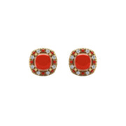 Gold red coral cushion halo stud earrings front view
