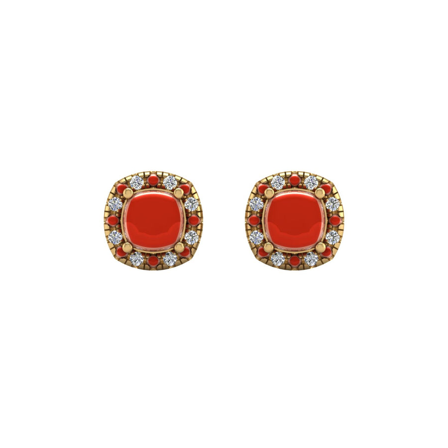 Gold red coral cushion halo stud earrings front view