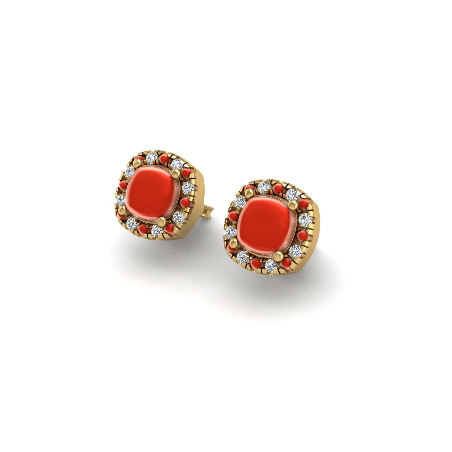 Gold red coral cushion halo stud earrings