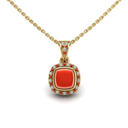 Gold red coral cushion heavenly halo pendant center view
