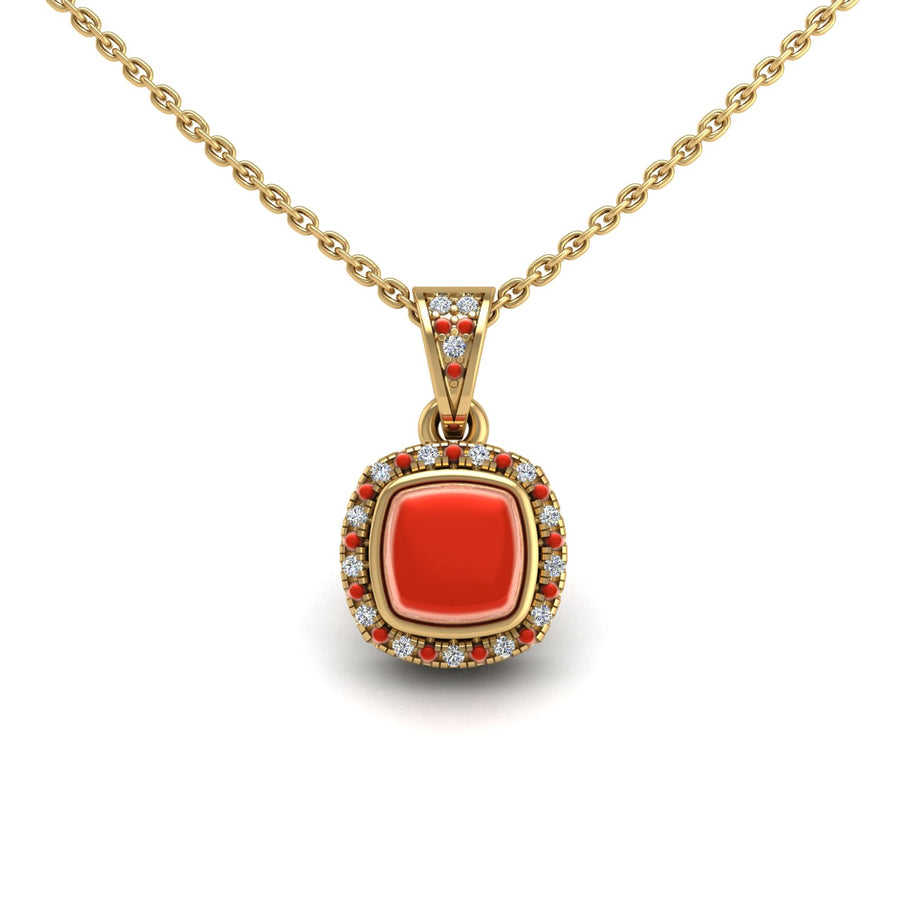 Gold red coral cushion heavenly halo pendant center view