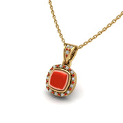 Gold red coral cushion heavenly halo pendant
