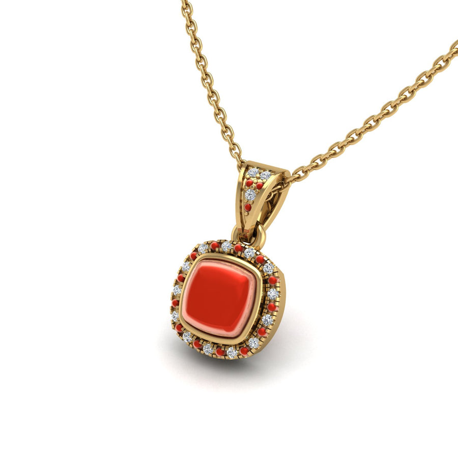 Gold red coral cushion heavenly halo pendant