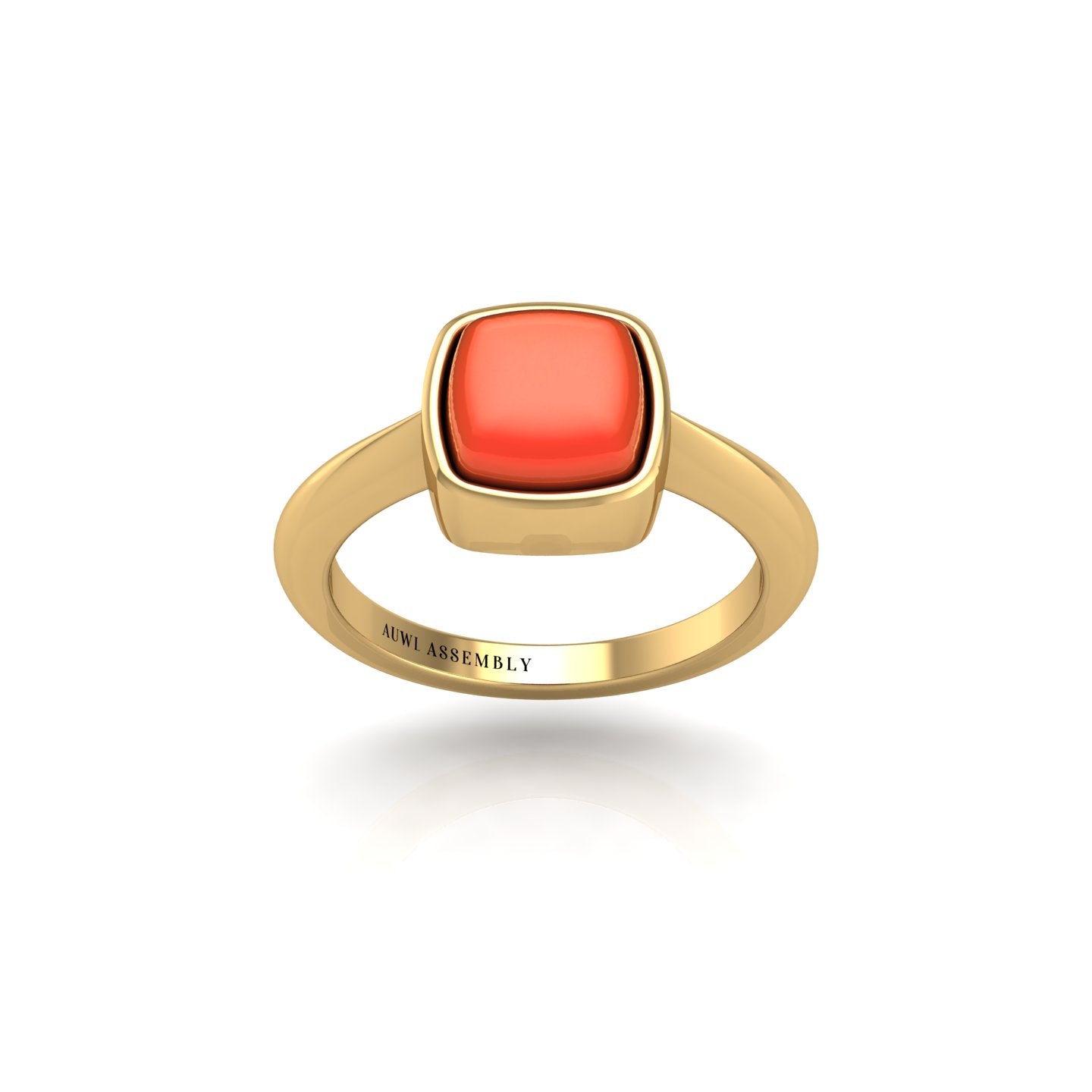 Gold red coral cushion solitaire ring front view