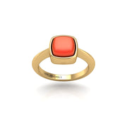 Gold red coral cushion solitaire ring front view