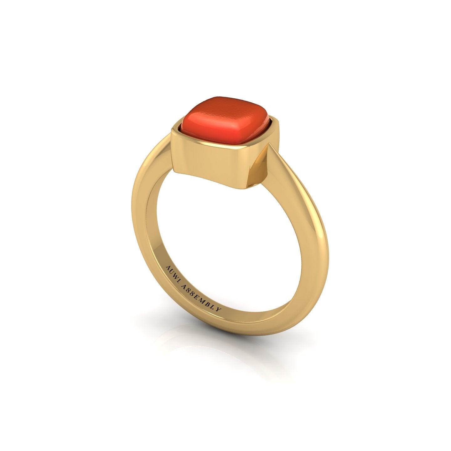 Gold red coral cushion solitaire ring