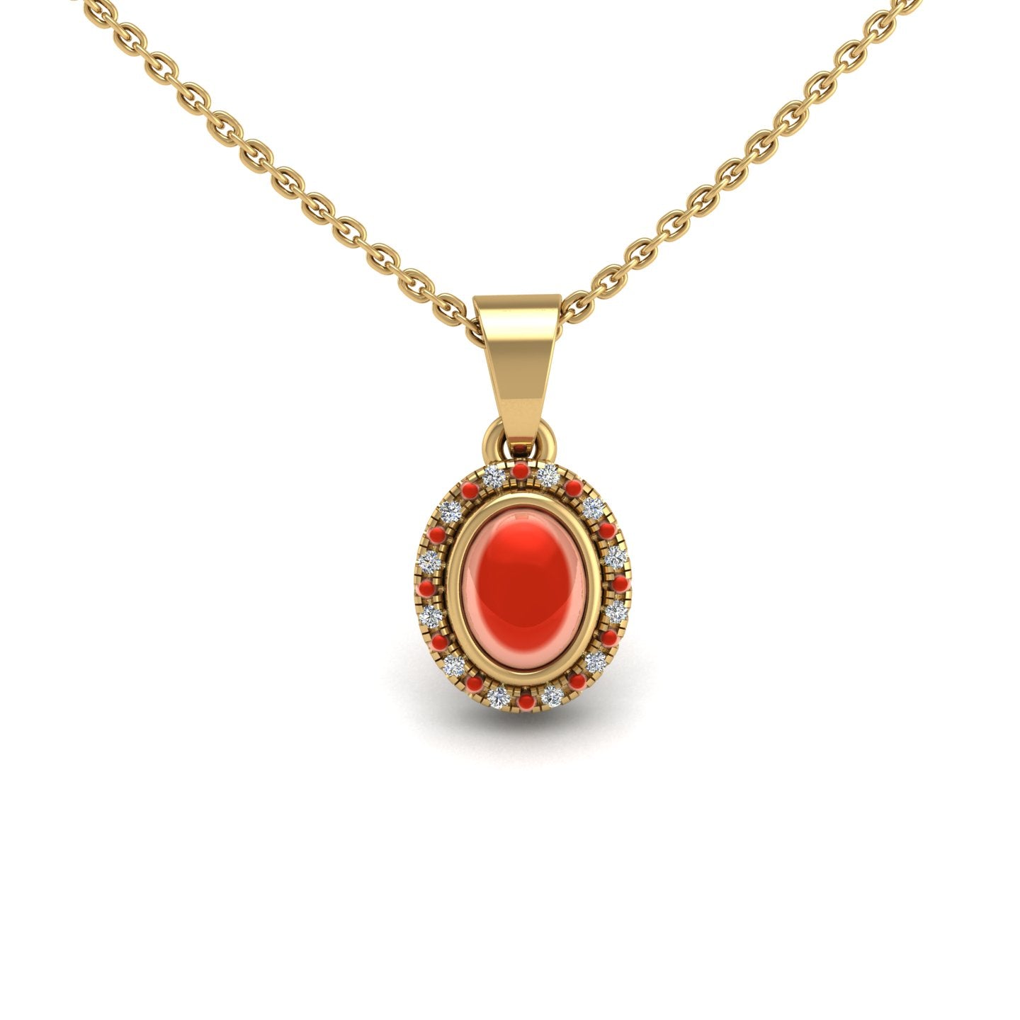 Gold red coral oval divine halo pendant center view