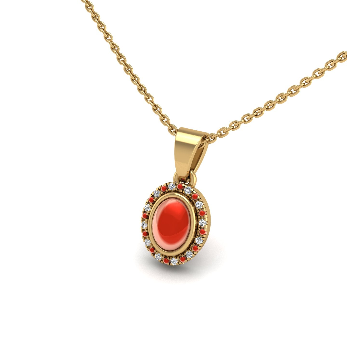 Gold red coral oval divine halo pendant