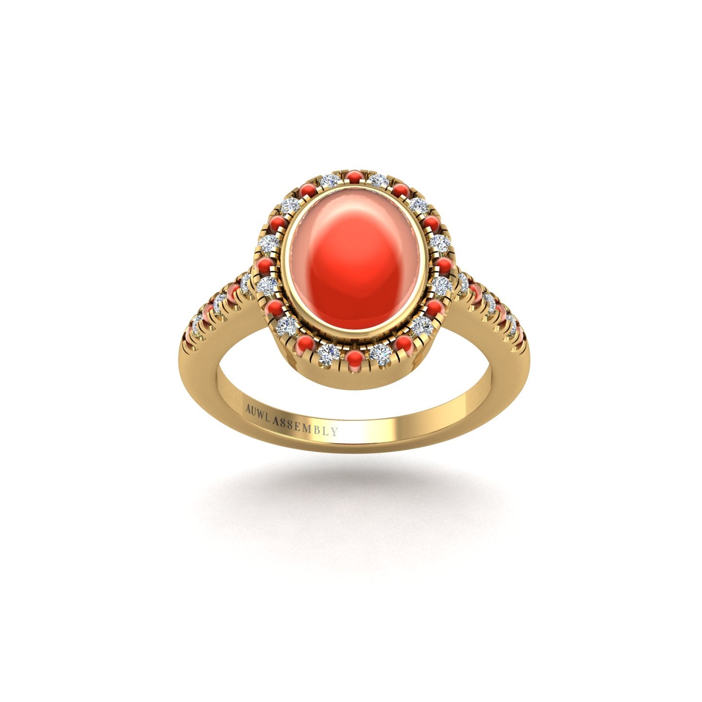 Gold red coral oval halo ring front view