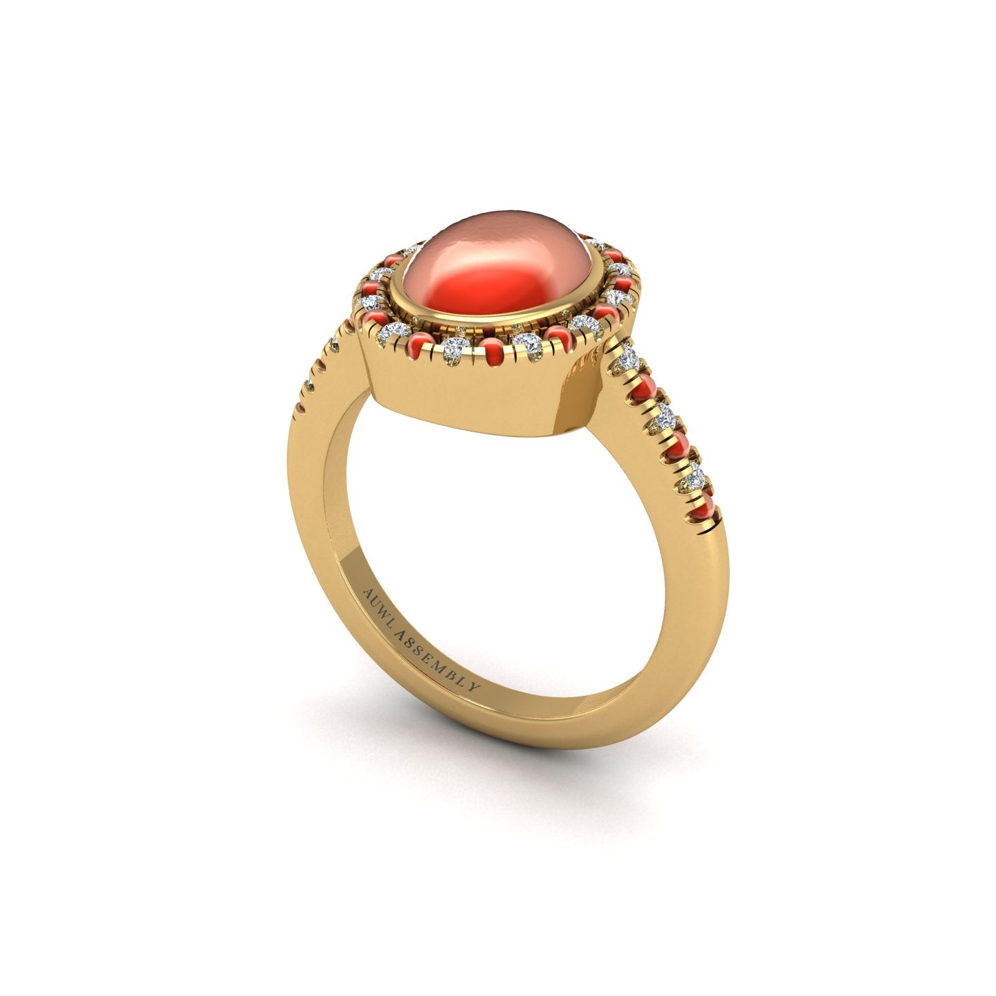 Gold red coral oval halo ring