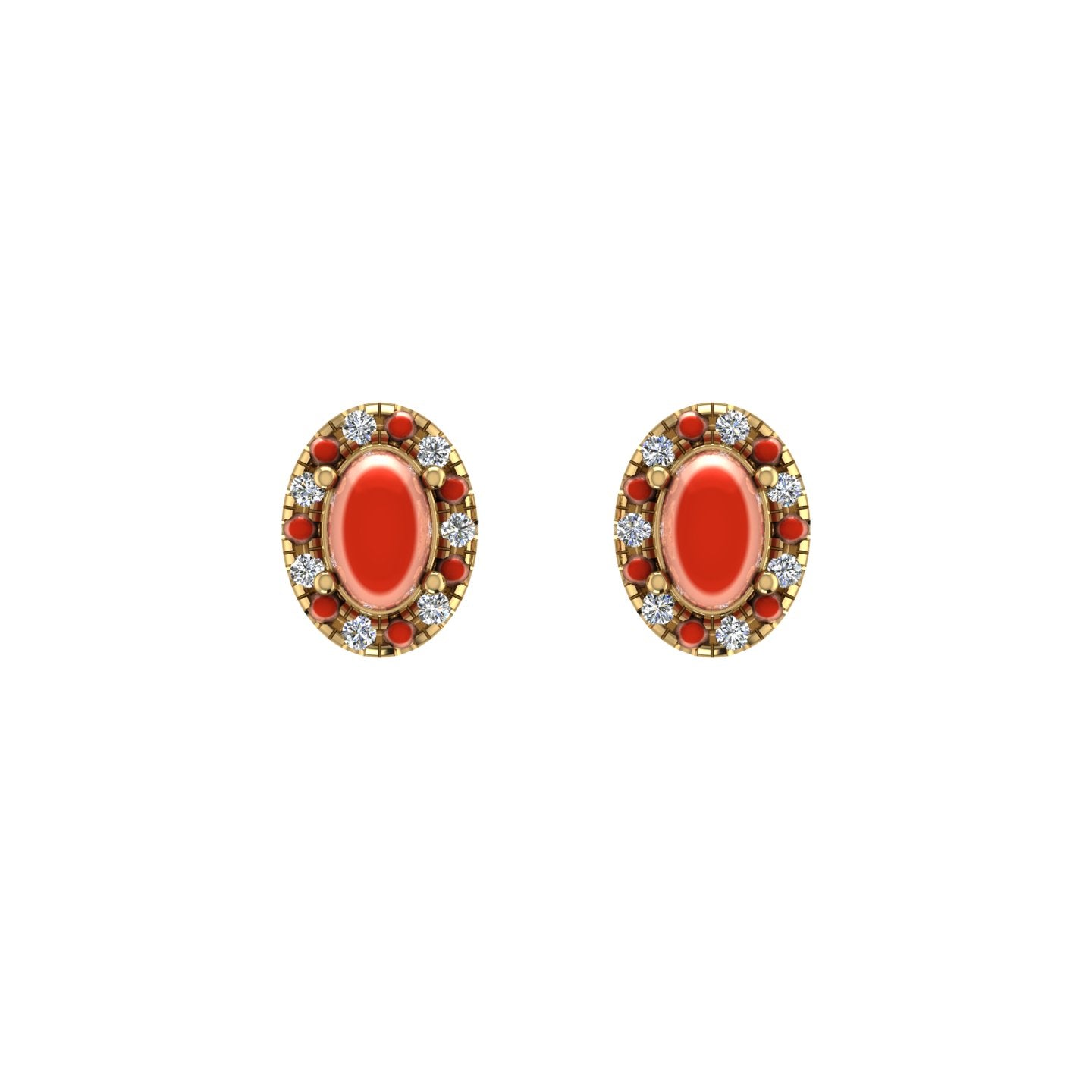 Gold red coral oval halo stud earrings front view