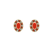 Gold red coral oval halo stud earrings front view