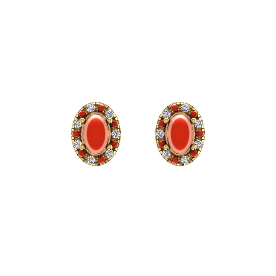 Gold red coral oval halo stud earrings front view