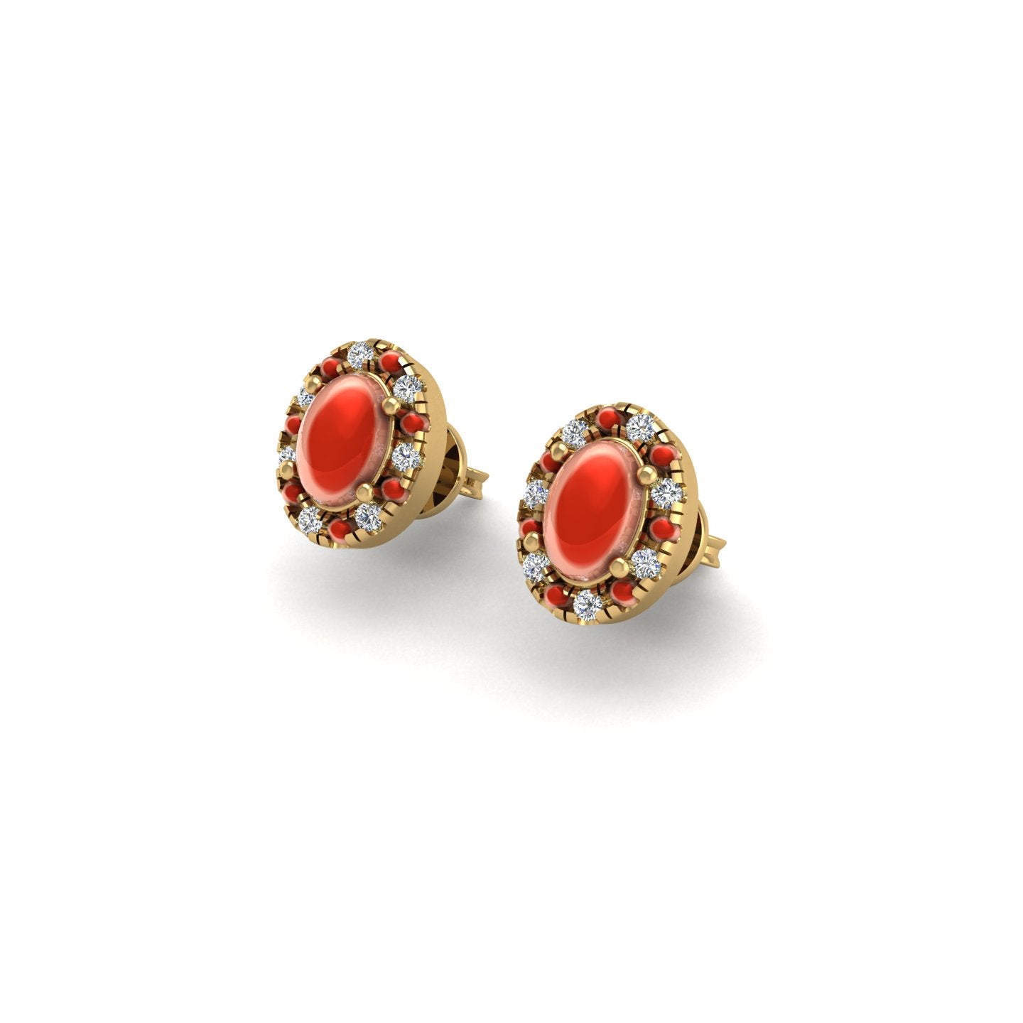 Gold red coral oval halo stud earrings