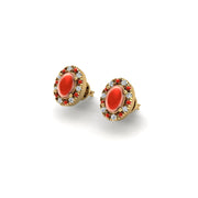 Gold red coral oval halo stud earrings