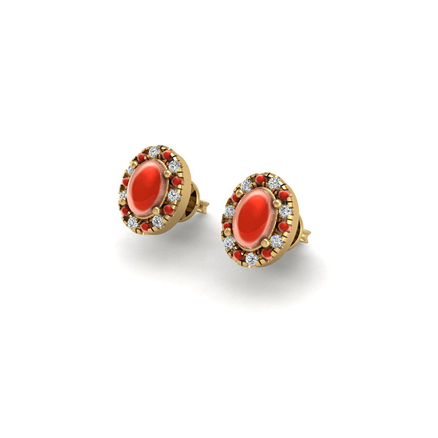 Gold red coral oval halo stud earrings