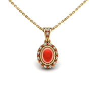 Gold red coral oval heavenly halo pendant center view