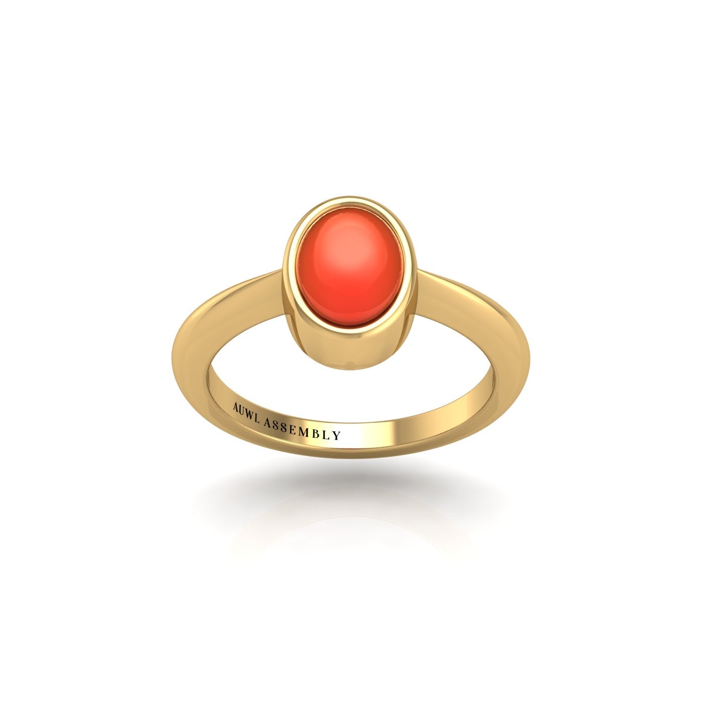 Gold red coral oval solitaire ring front view