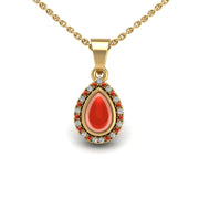 Gold red coral pear divine halo pendant center view