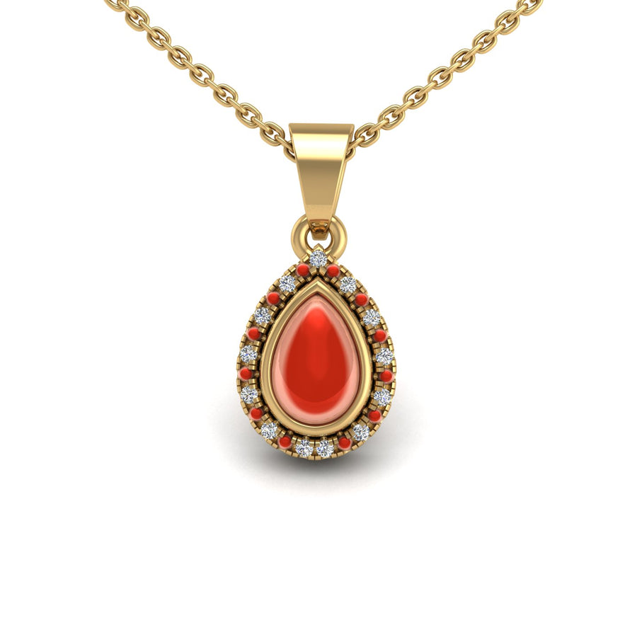 Gold red coral pear divine halo pendant center view