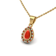 Gold red coral pear divine halo pendant